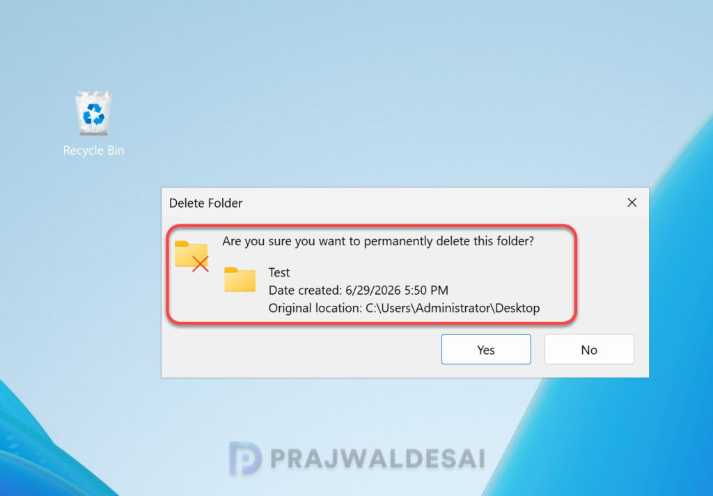 Emptying Recycle Bin shows an correct filename