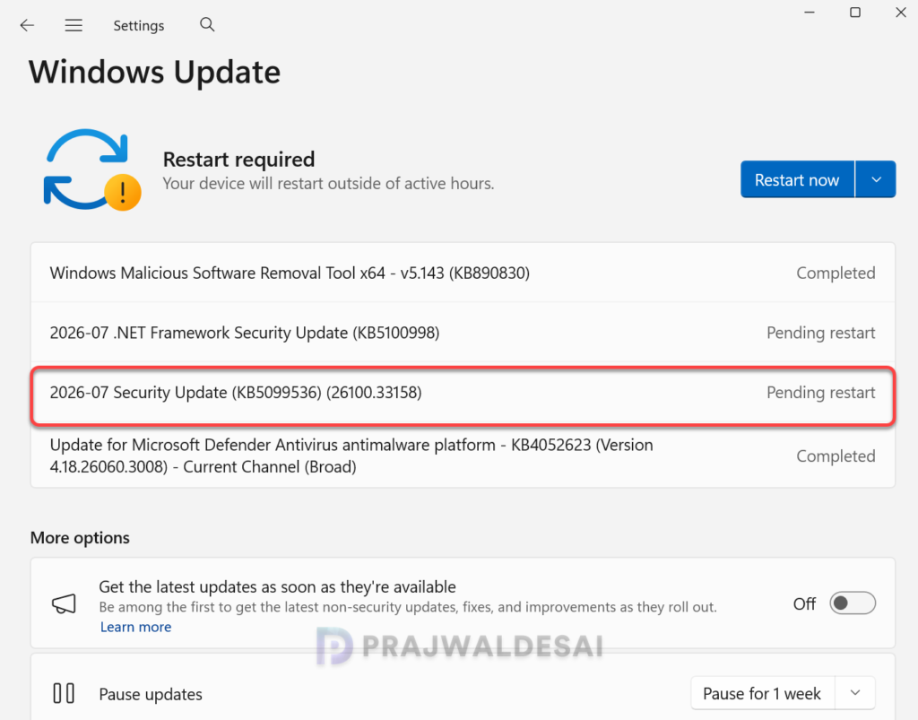 Installing KB5099536 Update on Windows Server 2025